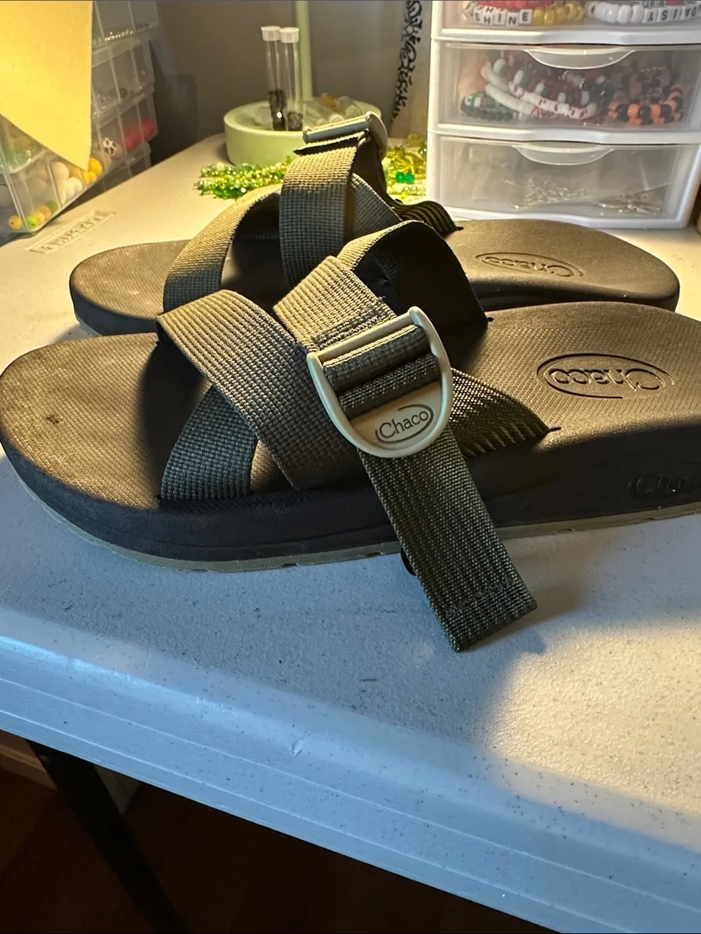 Chaco Olive Green Strapped Slide Sandals with Dark Gray Footbed